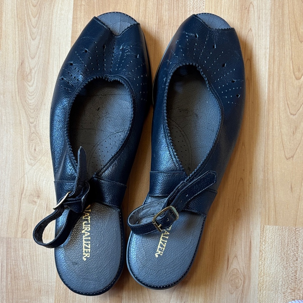 Naturalizer Black Leather Peep-Toe Slingback Flats with Gold Buckle